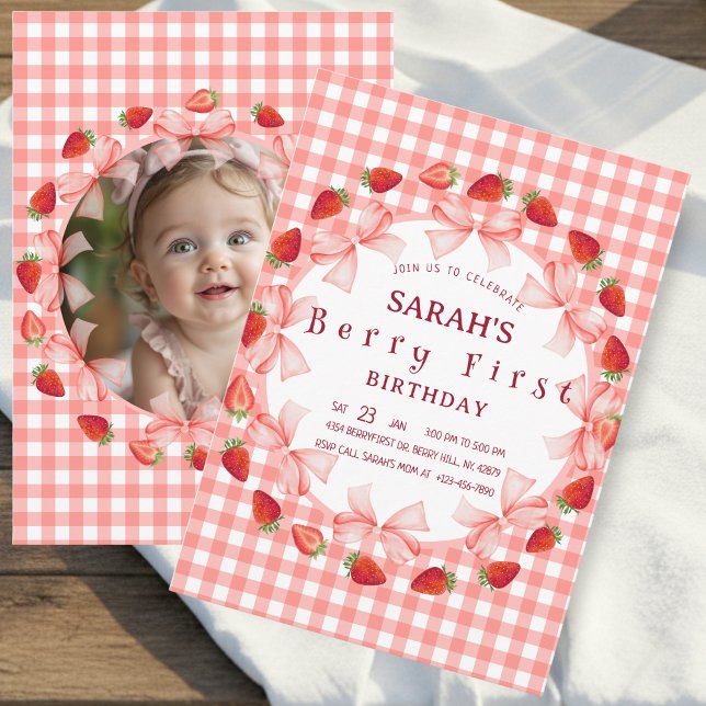Invitation Coquette Berry First Birthday Red Gingham Photo (Coquette Berry First Birthday Red Gingham Photo Invitation)