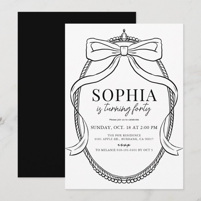 Invitation Coquette Black Bow Ribbon Frame Adulte Anniversair (Devant / Derrière)
