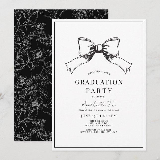 Invitation Coquette Black Bow Ribbon Graduation Party (Devant / Derrière)
