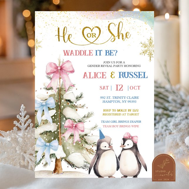 Invitation Coquette Blue and Pink Penguin Gender Reveal (Créateur téléchargé)