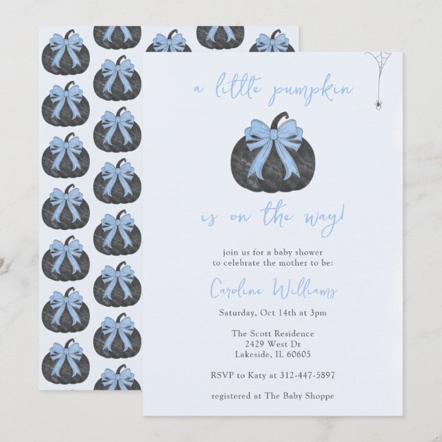 Invitation Coquette Blue Bow Un peu Citrouille Automne Hallow (Devant / Derrière)