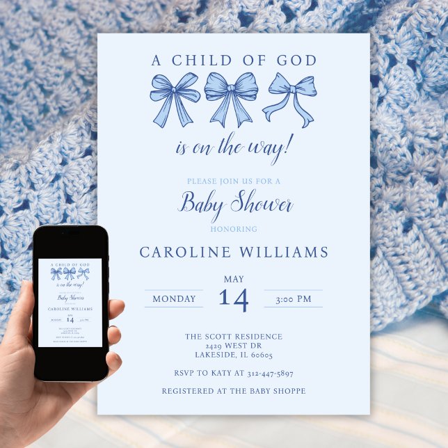 Invitation Coquette Blue Bows chrétien enfant de Dieu garçon (Créateur téléchargé)