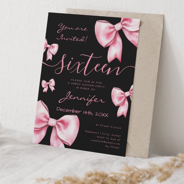Invitation Coquette Blush Pink Bow Sweet 16 Party Noir (Coquette Blush Pink Bow Sweet 16 Party Black Invitation)