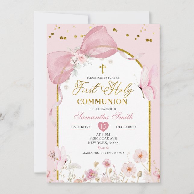 Invitation Coquette Blush Pink Butterfly First Holy Communion (Devant)