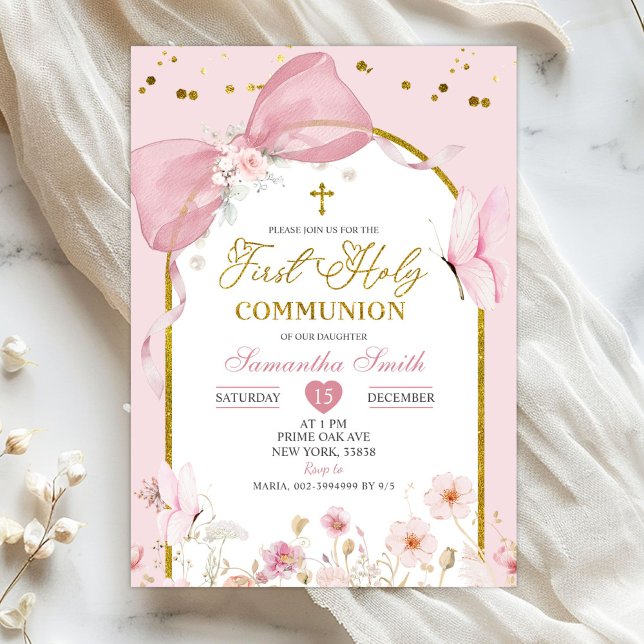Invitation Coquette Blush Pink Butterfly First Holy Communion (Créateur téléchargé)