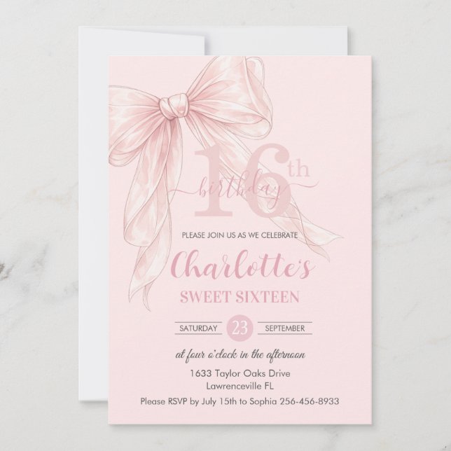 Invitation Coquette Blush Pink Ribbon Bow 16th Birthday (Devant)