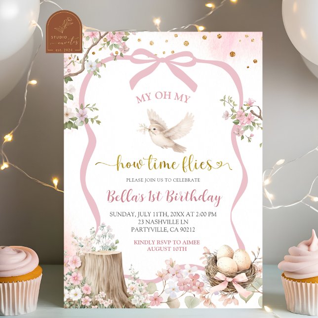 Invitation coquette blush pink Spring bird birthday  (Créateur téléchargé)