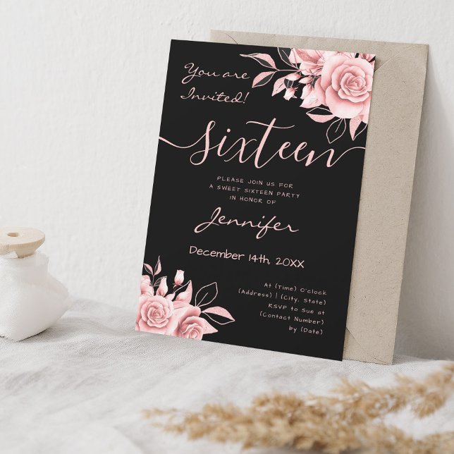 Invitation Coquette Blush Rose Sweet 16 Floral Black (Coquette Blush Pink Sweet 16 Floral Black Invitation)