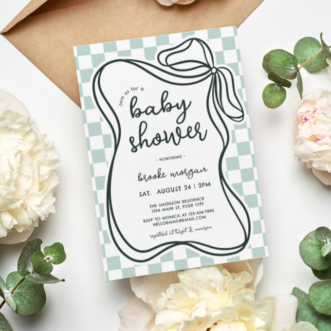 Invitation Coquette Bow Baby shower neutre du genre (Gender Neutral Coquette Checkered Baby Shower Invite)