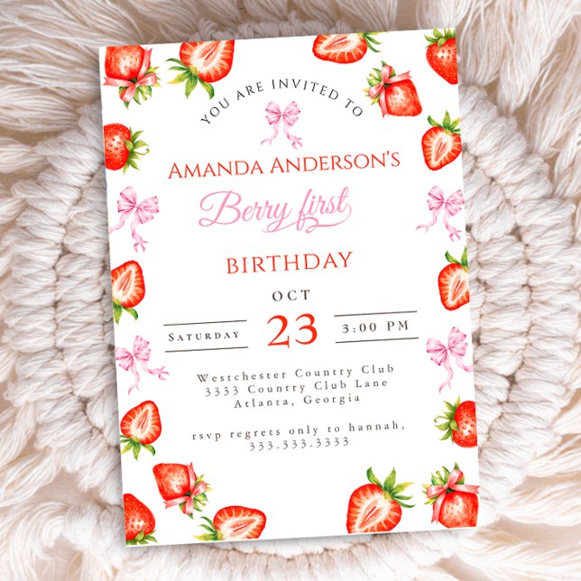 Invitation Coquette Bow Berry First Strawberry First Birday (Créateur téléchargé)