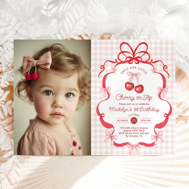 Invitation Coquette Bow Cherry First 1st Birthday Photo (Créateur téléchargé)