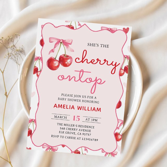 Invitation Coquette Bow Cherry sur le Baby shower supérieur I (Créateur téléchargé)