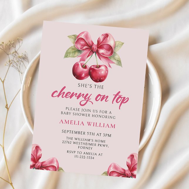 Invitation Coquette Bow Cherry sur le Baby shower supérieur I (Créateur téléchargé)