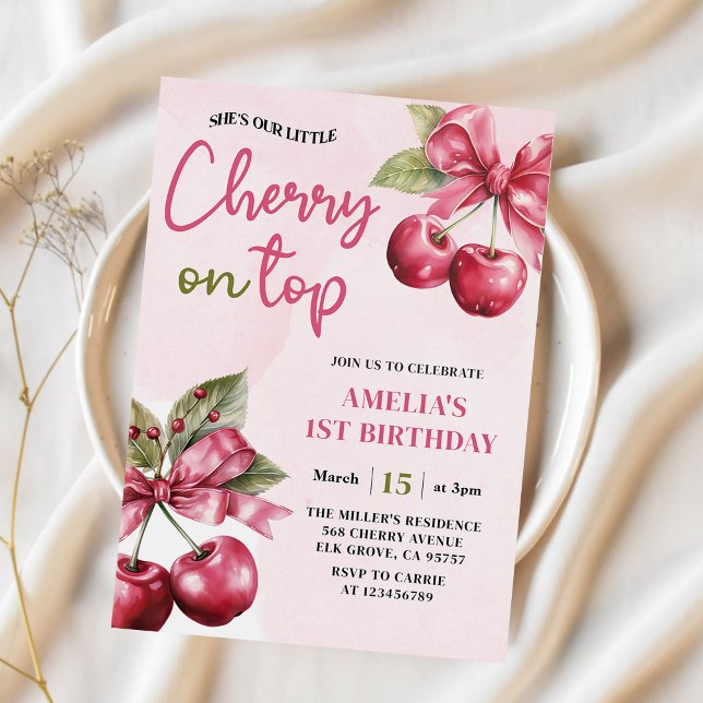 Invitation Coquette Bow Cherry sur le Top 1er Anniversaire In (Créateur téléchargé)