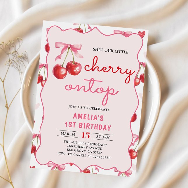 Invitation Coquette Bow Cherry sur le Top 1er Anniversaire In (Créateur téléchargé)