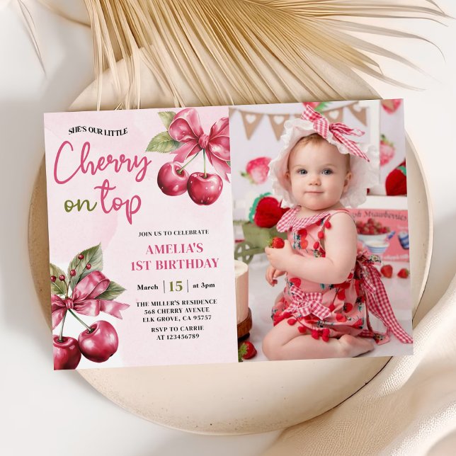 Invitation Coquette Bow Cherry sur le Top 1er Anniversaire Ph (Créateur téléchargé)