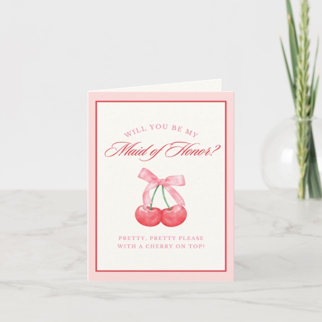 Invitation Coquette Bow Chic Cherry Maid of Honor Proposition (Devant)