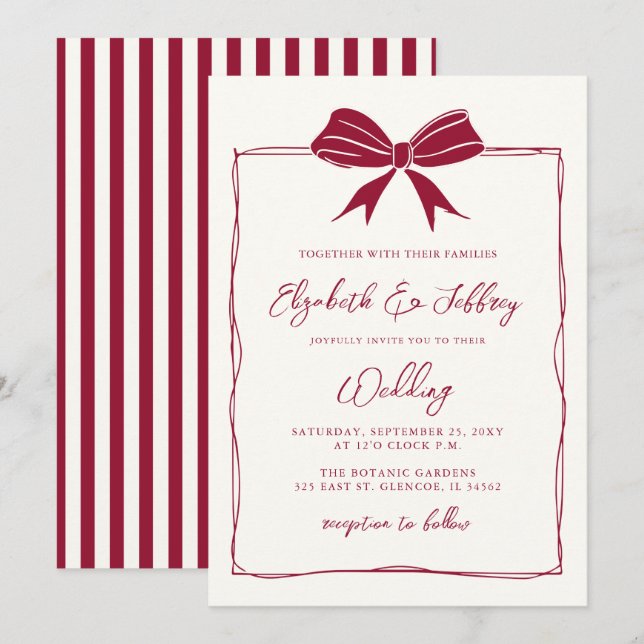 Invitation Coquette Bow dessinée à la main Mariage chic moder (Devant / Derrière)