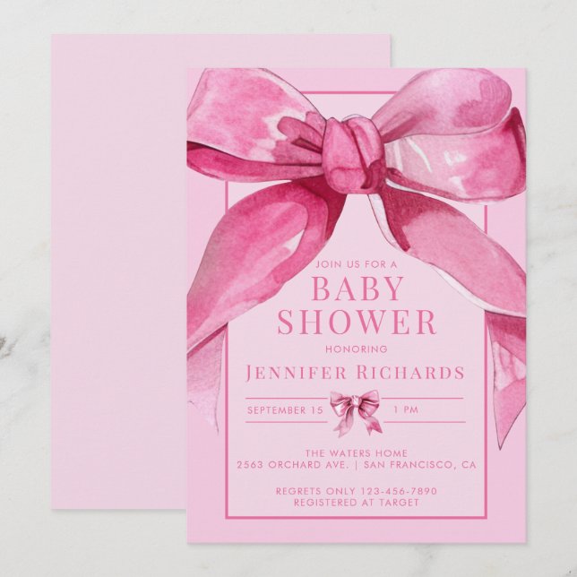 Invitation Coquette Bow | Douche pour bébé rose (Devant / Derrière)