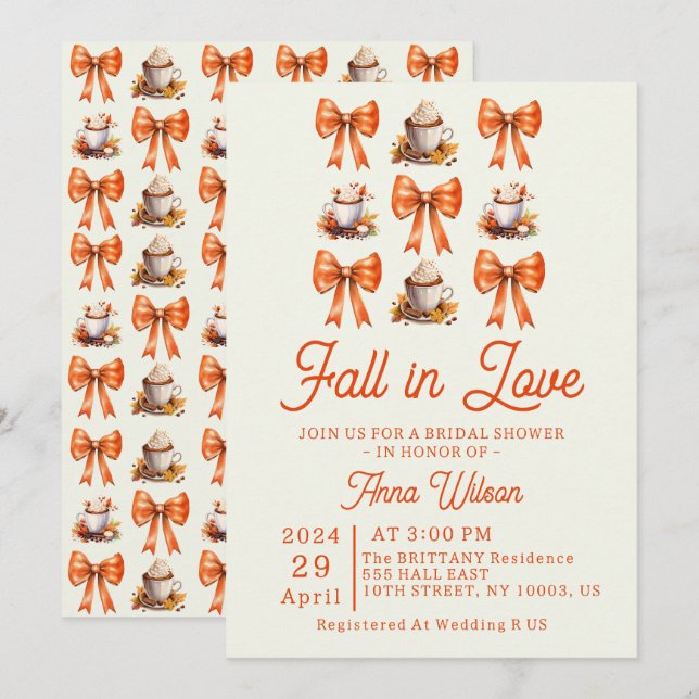 Invitation Coquette bow fall in Love Café Orange Editable (Devant / Derrière)