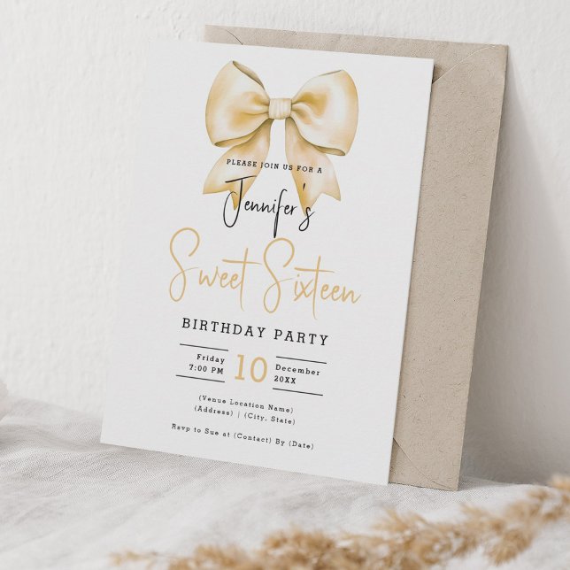 Invitation Coquette Bow Or Cute Script Sweet 16 Party (Gold Bow Coquette Cute Script Sweet 16 Party Invitation)