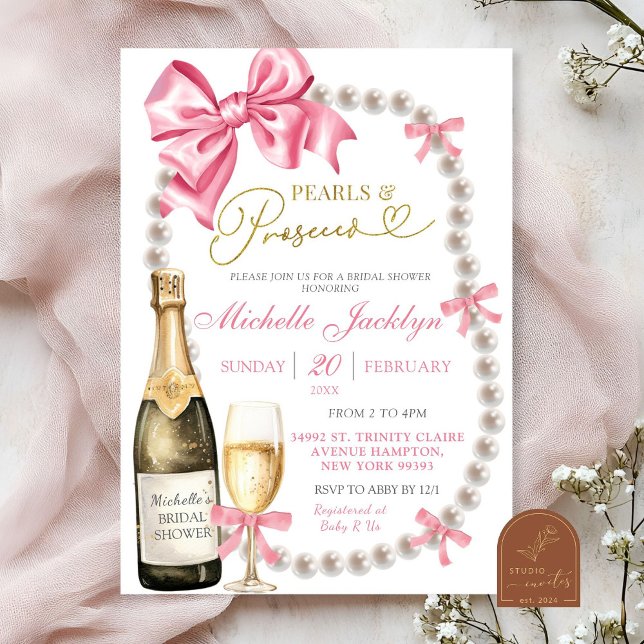 Invitation Coquette Bow Pearls et Fête des mariées de poursui (Créateur téléchargé)