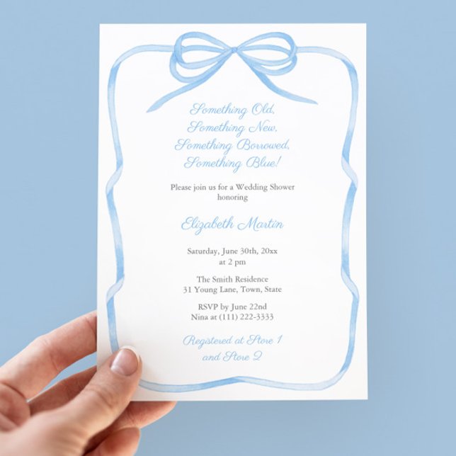 Invitation Coquette Bow Quelque chose de bleu Fête des mariée (Something Blue Theme Bridal Shower Party Invitation With Coquette Light Blue Bow and Ribbon Frame)