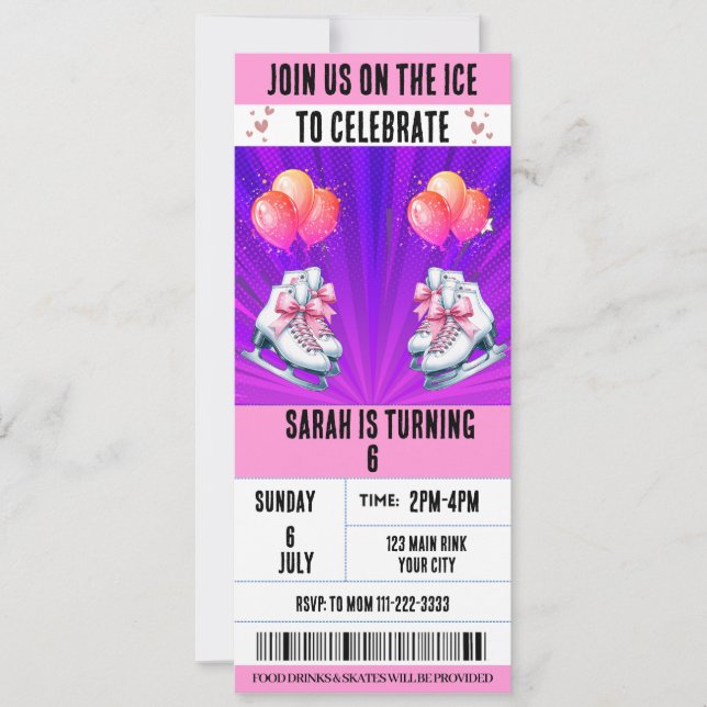 Invitation Coquette Bow rose Patins de glace Billet Anniversa (Devant)