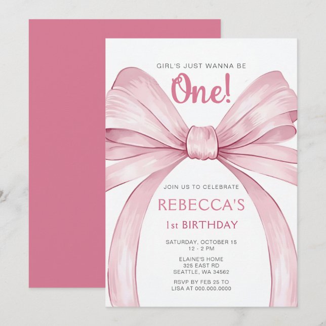 Invitation Coquette Bow rose Premier anniversaire (Devant / Derrière)