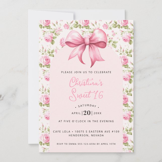 Invitation Coquette Bow rose Sweet 16 (Devant)