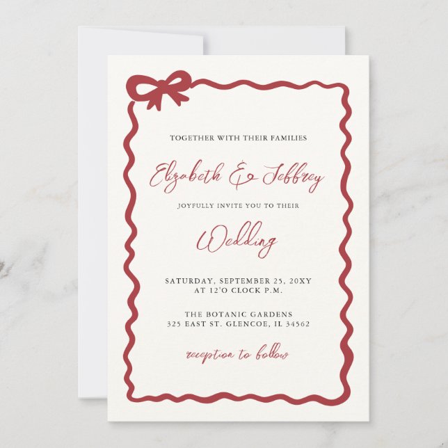 Invitation Coquette Bow rouge dessinée à la main Mariage chic (Devant)