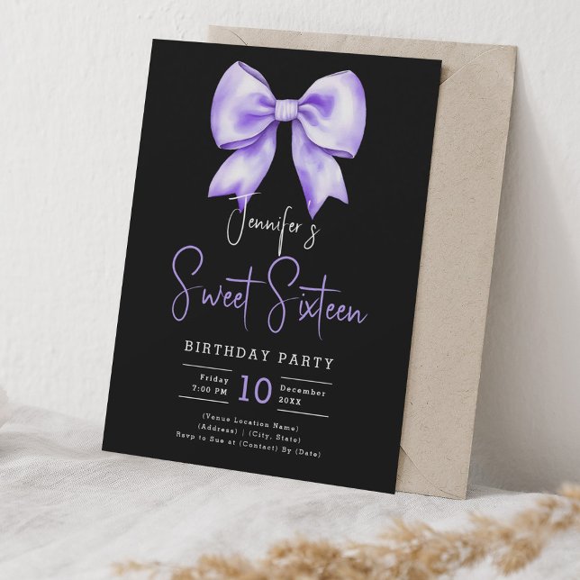 Invitation Coquette Bow violet Script Sweet 16 Noir (Purple Bow Coquette Script Sweet 16 Black Invitation)