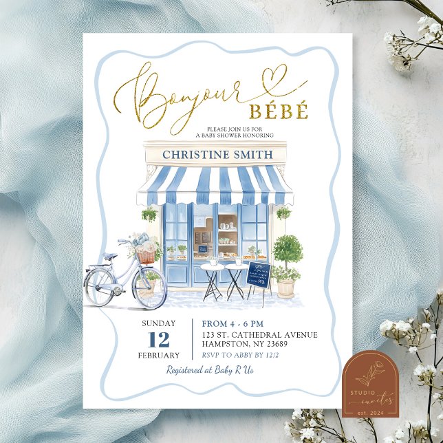Invitation Coquette Café parisien Baby shower Bleu Français (Créateur téléchargé)