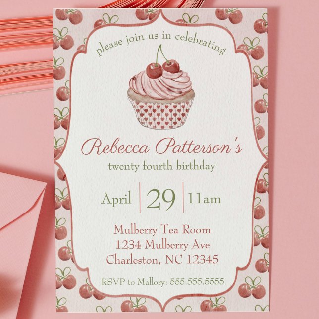 Invitation Coquette Cerise Cupcake Aquarelle Anniversaire (coquette aesthetic cherry cupcake birthday invitation cute watercolor girls bday party watercolor)