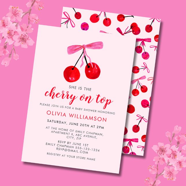 Invitation Coquette cerise sur le Baby shower Top Girls (Cherry on Top Baby Shower invitation with coquette cherries and pink ribbon bow)