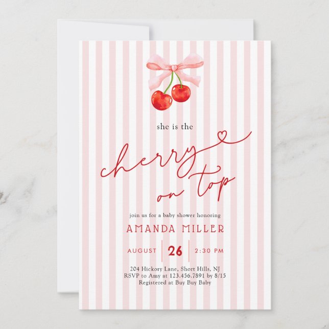 Invitation Coquette cerise sur le dessus bébé fille douche (Devant)