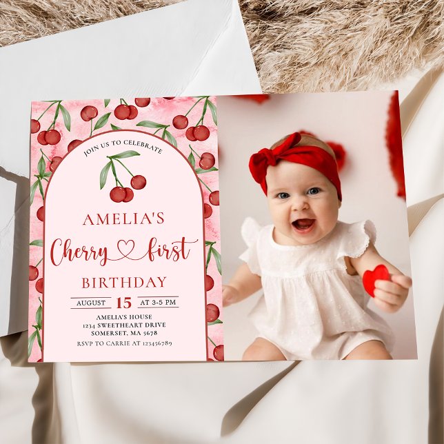 Invitation Coquette Cherry Premier anniversaire Cerise rouge  (Créateur téléchargé)