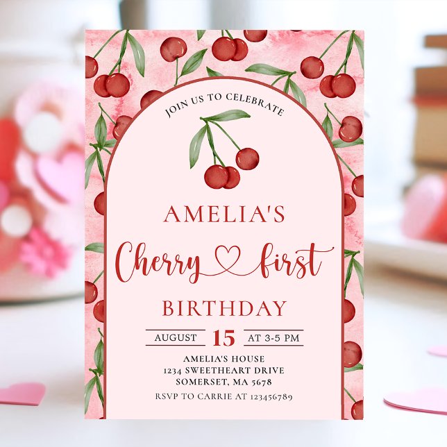 Invitation Coquette Cherry Premier anniversaire Cerise rouge  (Créateur téléchargé)