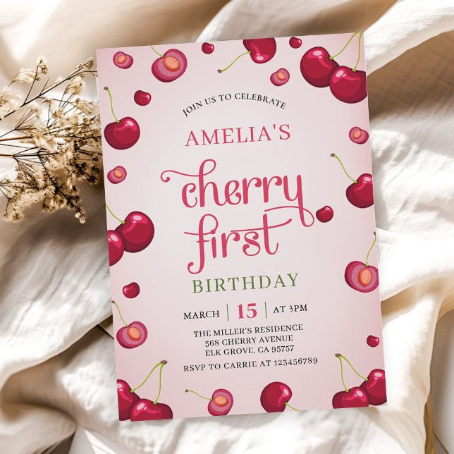 Invitation Coquette Cherry Premier anniversaire Cerise rouge  (Créateur téléchargé)