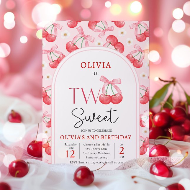 Invitation Coquette Cherry Two Sweet 2nd Birthday Party (Créateur téléchargé)