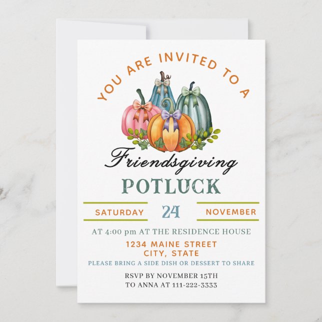 Invitation Coquette Citrouille Friendsgiving Potluck Invitati (Devant)