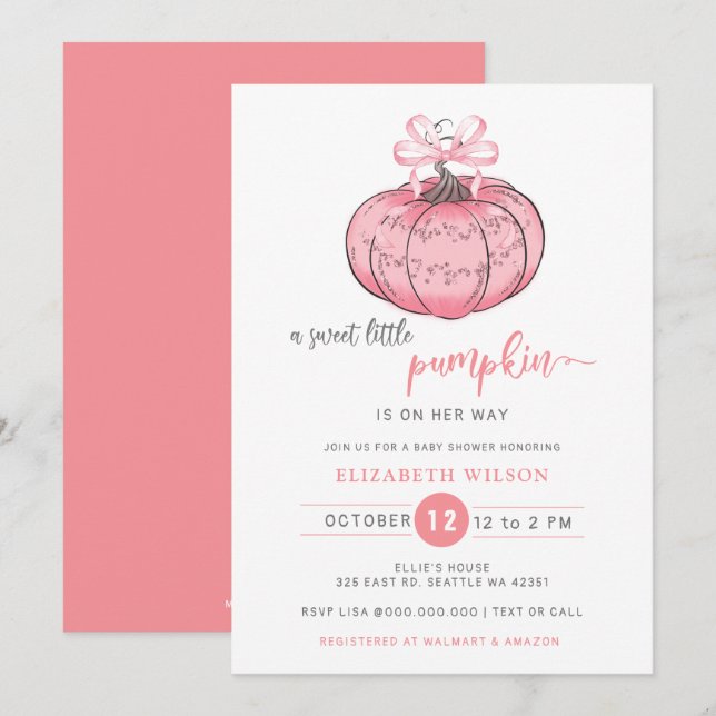 Invitation Coquette Citrouille Pink Bow Girl Baby shower (Devant / Derrière)