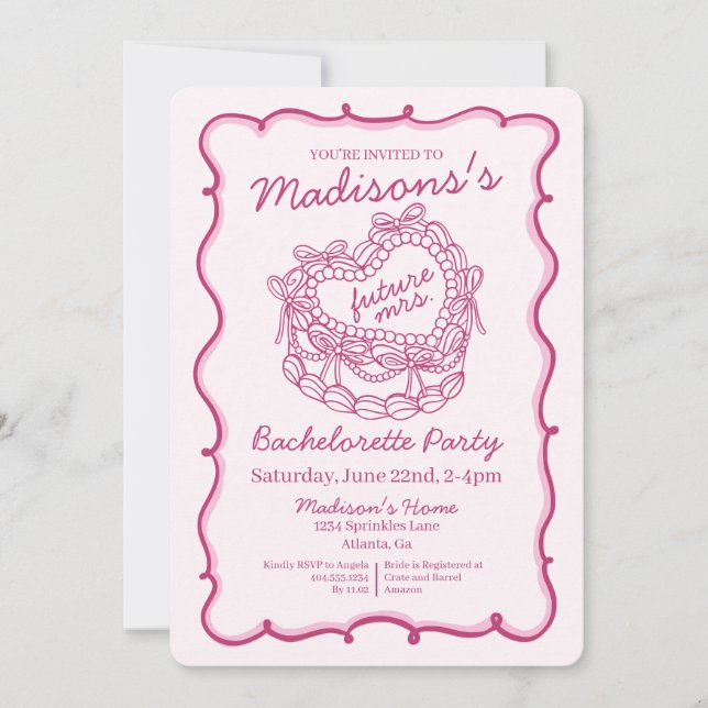 Invitation Coquette Coeur Coquette Câble rose Bow Bachelorett (Devant)