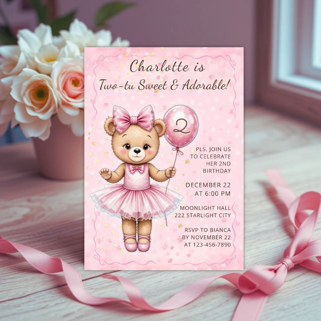 Invitation Coquette Douce Deux Tu Ballerina Bear Anniversaire (Créateur téléchargé)