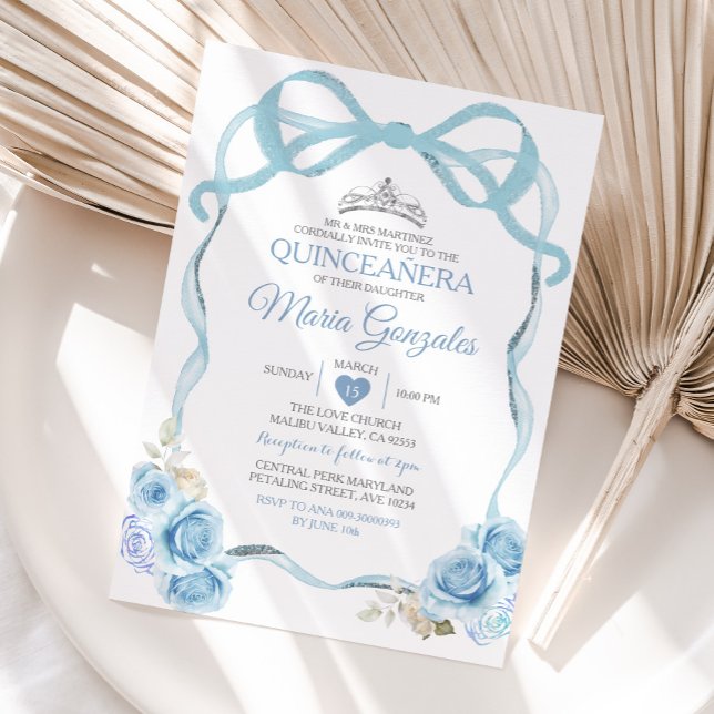 Invitation Coquette Dusty Blue Quinceañera Argent Crown (Créateur téléchargé)