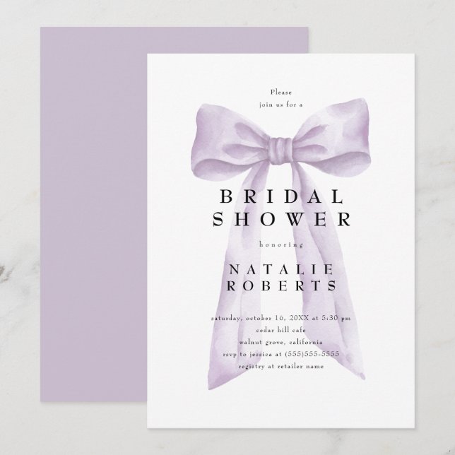 Invitation Coquette élégante Dusty Purple Bow Fête des mariée (Devant / Derrière)