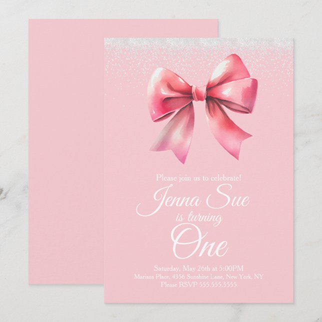 Invitation Coquette Fête d'Anniversaire des filles de Bow ros (Devant / Derrière)