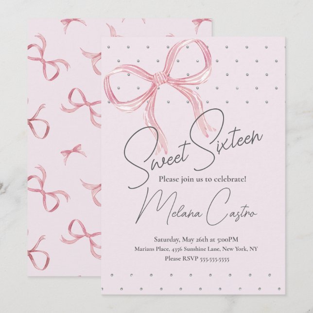 Invitation Coquette Filles Bow Rose Sweet 16 Anniversaire (Devant / Derrière)