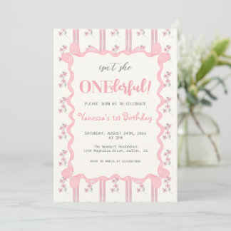 Invitation Coquette Floral Pink Bow Girl First Birthday