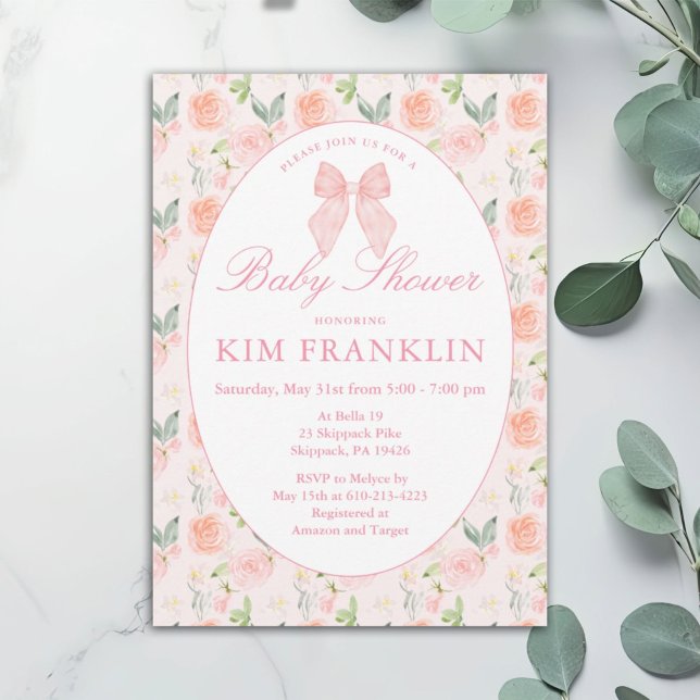 Invitation Coquette Florale Bow rose En vichy Baby shower fil (Créateur téléchargé)
